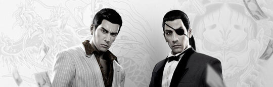 a black and white header of kazuma kiryu and majima goro with their tattoos faintly overlayed on a white background